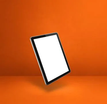 Floating tablet pc computer isolated on orange. Square background Illustrazione stock