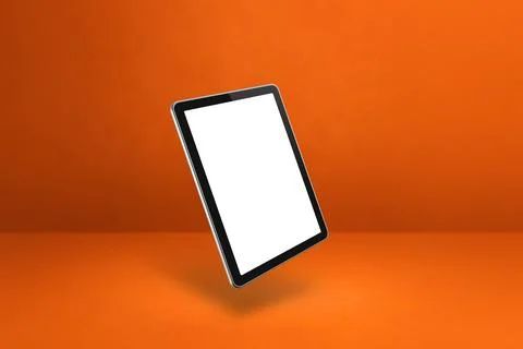 Floating tablet pc computer isolated on orange. Horizontal background Illustrazione stock