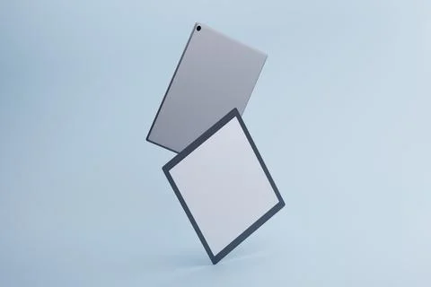 Floating tablets, mockup, studio, blue background, app design Stock Illustration