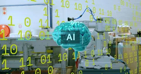 Floating teal 3D brain graphic labeled AI hovering over robotic arm in factory, Stockfoto's
