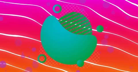 Floating teal blob overlapping striped disk in digital art, with purple dots and Stock Illustration