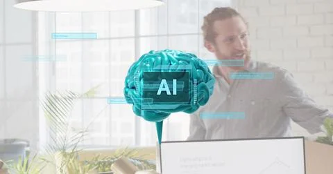 Floating teal brain labeled AI projecting UI overlays in office, presenter Stock Photos
