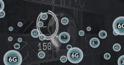 Floating teal circles labeled 6G moving over UI panels with world map, data Illustrazione stock