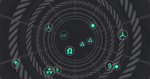 Floating teal cluster spiraling to center in radar tunnel, showing CO2 recycl Illustrazione stock