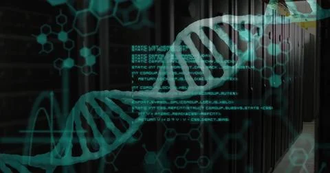 Floating teal DNA helix in data center corridor, with black racks, molecular 스톡 사진
