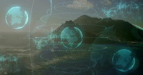 Floating teal globe icon cluster across coast at dusk, showing dotted rings, Illustrazione stock