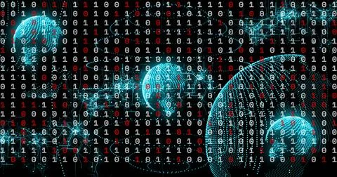 Floating teal globe on right in digital network connecting to nodes and Stock Illustration