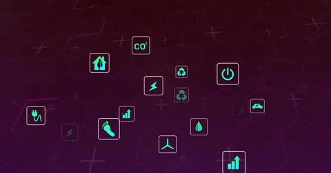 Floating teal icon cluster hovering over hex grid, showing plug, CO2, recycle, Stock Photos