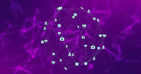 Floating teal-node globe linking in neon purple mesh, showing human heart Stock Photos