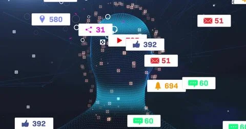 Floating teal point-cloud humanoid head and torso in virtual network, showing Stock Photos