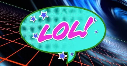 Floating teal speech bubble showing LOL! over neon grid in digital vortex space, Stock Photos
