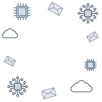 Floating tech icons microchip cloud and email background with copy space. Stock Illustration
