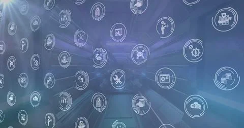 Floating tech icons occupying data center corridor, showing concentric rings and Stock Photos