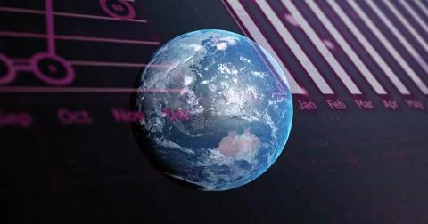 Floating textured Earth globe displaying magenta data overlays in dark Stock Illustration