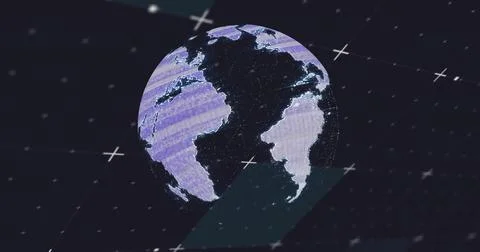Floating textured globe in digital space, with 3D grid plane and glowing 写真素材