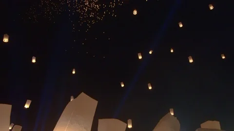 Floating thousands lanterns in Thailand sky looks like milky way star Stock Footage 114499998