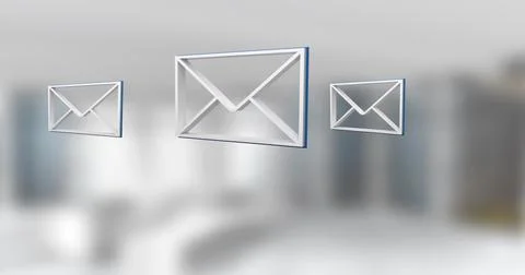 Floating three 3D envelopes hovering across modern office, white frames blue Stockillustratie