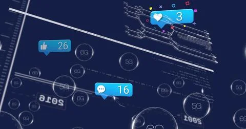 Floating three blue notification bubbles showing 26 16 3 in digital network with Stock Photos