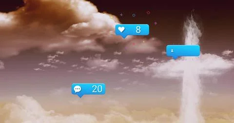 Floating three blue notification bubbles drifting over warm sepia sky, with Stockfoto's
