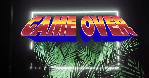 Floating three-dimensional GAME OVER text glowing within neon frame in studio, Stock Illustration