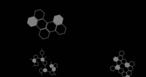 Floating three gray hexagon clusters with filled and outlined cells on black  库存插图