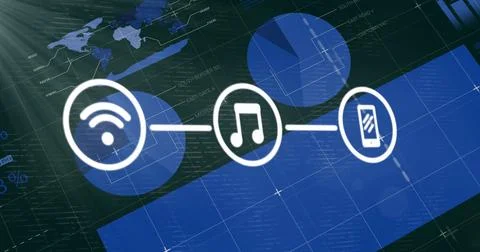 Floating three linked circle icons hovering over digital dashboard, with Wi-F Illustrazione stock