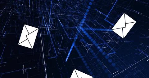 Floating three white envelope icons above navy-blue digital grid, with dotted Stock Illustration