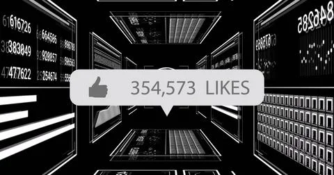 Floating thumbs-up bubble showing 354,573 LIKES in virtual data tunnel, with Illustrazione stock