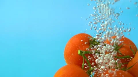 Floating tomatoes in water flow bubbles, blue background, close up slow motion Stock Footage 155975237