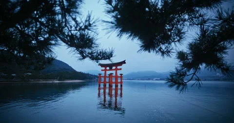 Floating Torii Gate Miyajima Island at Dusk Hiroshima Japan Video stock 344700243
