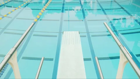 Floating Towards End Of Diving Board Olympic Public Pool 4K 48FPS SLO-MO Stock Footage 203789327