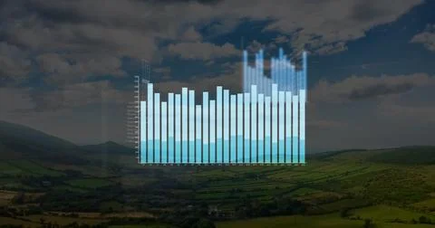 Floating translucent 3D bar chart overlaying verdant rural valley with light Foto stock