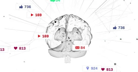 Floating translucent 3D brain connecting notification icons on white background, 스톡 일러스트