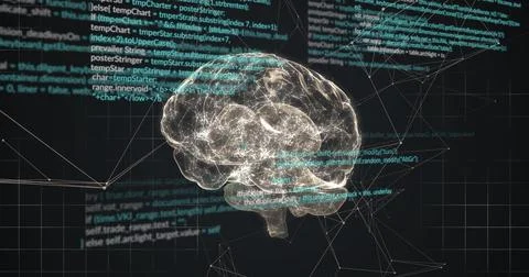 Floating translucent 3D brain hologram pulsing neural pathways and nodes in Stock Illustration