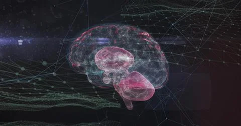 Floating translucent 3D brain model glowing in virtual network, with neon Illustrazione stock
