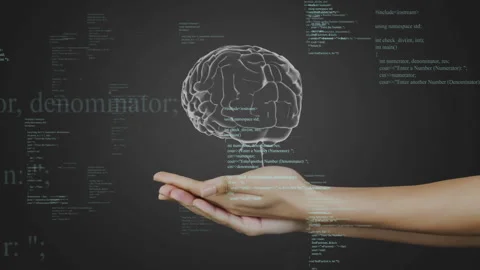 Floating translucent 3D brain resting on hands, projecting C++ code across dark Video stock 309287367