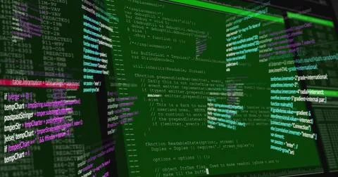 Floating translucent 3D code panels creating void workspace, with colored Stockfoto's