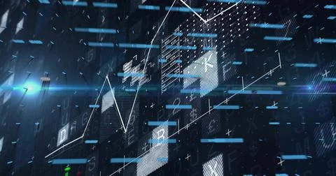 Floating translucent 3D cube showing white line chart in virtual grid, with blue 스톡 사진