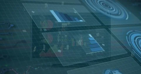 Floating translucent 3D data panels hovering above grid floor, with bar charts Stock Photos