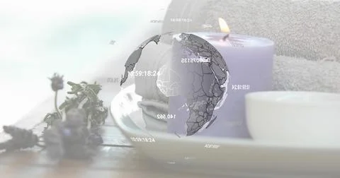 Floating translucent 3D globe graphic showing overlays on wooden tabletop, with Stock Photos