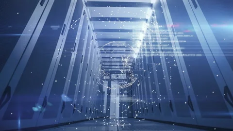 Floating translucent 3D network sphere hovering between server racks, displaying Stock Footage 309103366