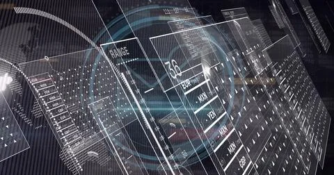 Floating translucent 3D panels in digital visualization space, showing currency Illustrazione stock