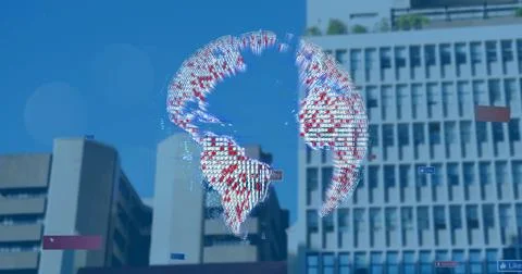 Floating translucent 3D pixel globe hovering over urban street scene, with red Fotos de archivo