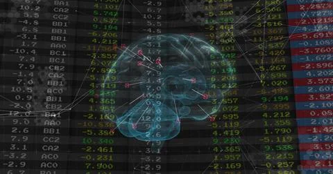 Floating translucent blue 3D brain hologram linking to financial dashboard, Stock Illustration