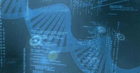 Floating translucent blue DNA helix rotating in cyberspace, with code lines and Illustrazione stock