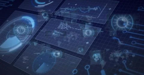 Floating translucent blue panels hovering on dark grid plane, showing radar, Foto stock