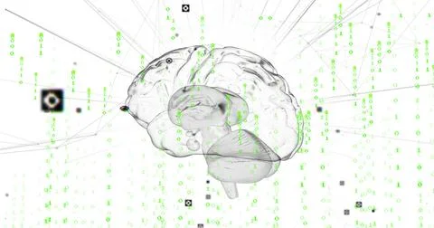 Floating translucent brain emitting green binary digits in digital space, with 写真素材