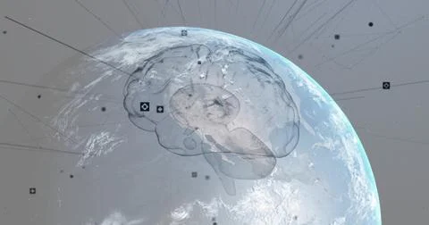Floating translucent brain model radiating network lines above Earth, with Illustrazione stock