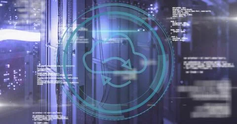 Floating translucent cloud sync icon inside server room with racks network 스톡 일러스트