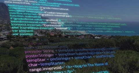 Floating translucent code overlay drifting across hillside with forest, 스톡 사진